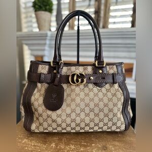 Sold on my FB. Gucci Medium GG Canvas Running Tote in Brown Leather Gold